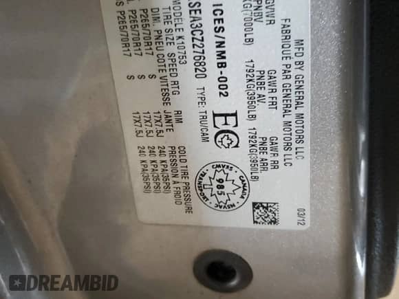 2012 Chevrolet Silverado 1500 LT with VIN 1GCRKSEA3CZ276820, listed as a Copart auction lot 57586065 with 109,194 mi miles and Salvage title. Bid and sale history available at DreamBid. Image 13.