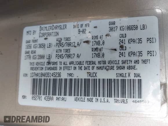 2003 Dodge 1500 ST z VIN 1D7HA18N03S145236, wystawiony jako IAAI lot #41534651 z przebiegiem 297 239 mil mil oraz . Historia ofert i sprzedaży dostępna na DreamBid. Obrazek 9.