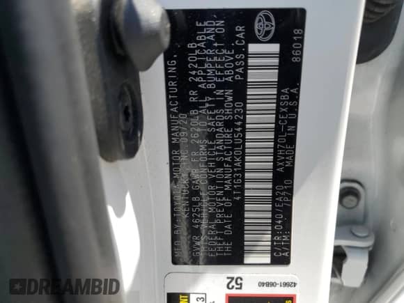 2020 Toyota Camry Hybrid SE с VIN 4T1G31AK0LU544230, выставлен на аукционе Copart как лот 69833395 с пробегом 147 359 миль миль и Списание • Salvage title. История ставок и продаж доступна на DreamBid. Изображение 12.