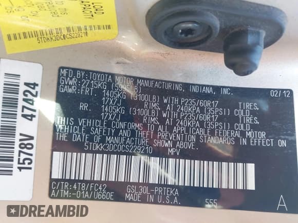 ✅ 2012 Toyota Sienna LE • VIN: 5TDKK3DC0CS229210 • Лот: 43570367. Опубликован ранее на IAAI с пробегом 107 219 миль. Бесплатный доступ к архиву аукционных продаж из США и подробный отчёт об истории автомобиля на DreamBid. Изображение 9.