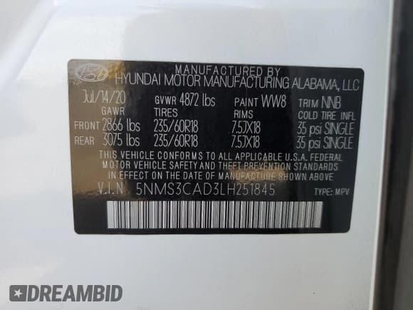 ✅ 2020 Hyundai Santa Fe SEL • VIN: 5NMS3CAD3LH251845 • Lot: 68678114. Wystawiony na Copart z przebiegiem 57 647 mil. Bezpłatny archiwum sprzedaży aukcyjnych z USA i szczegółowy raport historii pojazdu na DreamBid. Zdjęcie 12.