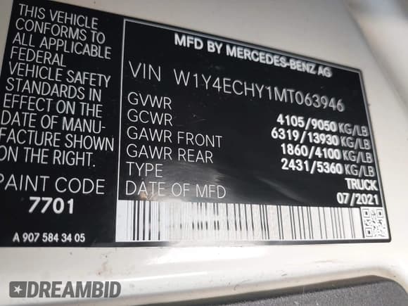 ✅ 2021 Mercedes-Benz Sprinter Cargo • VIN: W1Y4ECHY1MT063946 • Lot: 42098271. Listed on IAAI with 172,171 mi. Free auction sales archive from the USA and detailed vehicle history report at DreamBid. Image 9.
