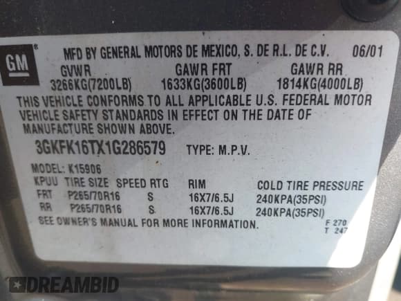 ✅ 2001 GMC Yukon XL SLT • VIN: 3GKFK16TX1G286579 • Lot: 42546715. Wystawiony na IAAI z przebiegiem 259 185 mil. Bezpłatny archiwum sprzedaży aukcyjnych z USA i szczegółowy raport historii pojazdu na DreamBid. Zdjęcie 9.