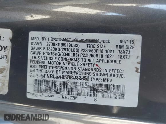 ✅ 2016 Honda Odyssey Touring Elite • VIN: 5FNRL5H95GB013353 • Lot: 43670419. Listed on IAAI with 210,143 mi. Free auction sales archive from the USA and detailed vehicle history report at DreamBid. Image 9.