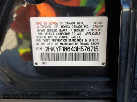 ✅ 2003 Honda Pilot EX • VIN: 2HKYF18643H576715 • Lot: 82487155. Listed on Copart with 184,820 mi. Free auction sales archive from the USA and detailed vehicle history report at DreamBid. Image 13.