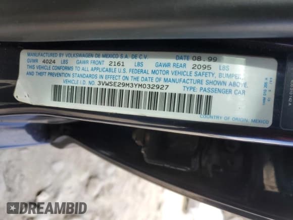 ✅ 2000 Volkswagen Jetta GLS • VIN: 3VWSE29M3YM032927 • Lot: 45678125. Listed on Copart with 161,744 mi. Free auction sales archive from the USA and detailed vehicle history report at DreamBid. Image 13.