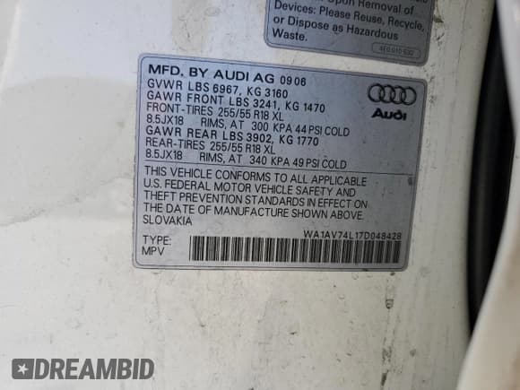 ✅ 2007 Audi Q7 • VIN: WA1AV74L17D048428 • Lot: 59778555. Wystawiony na Copart z przebiegiem Nie podano. Bezpłatny archiwum sprzedaży aukcyjnych z USA i szczegółowy raport historii pojazdu na DreamBid. Zdjęcie 13.