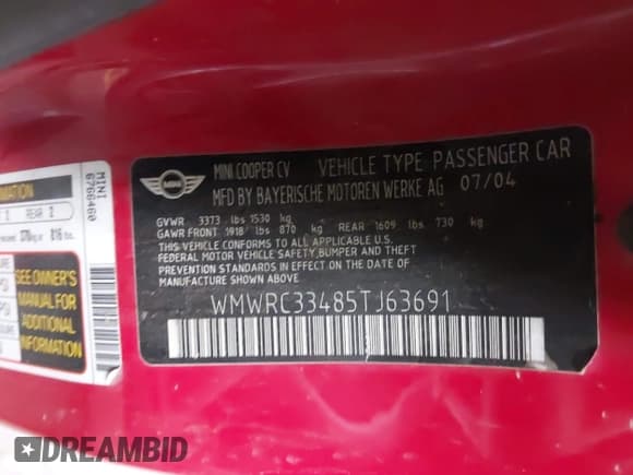 ✅ 2005 MINI Hardtop • VIN: WMWRC33485TJ63691 • Лот: 42672066. Опубликован ранее на IAAI с пробегом 183 614 миль. Бесплатный доступ к архиву аукционных продаж из США и подробный отчёт об истории автомобиля на DreamBid. Изображение 9.