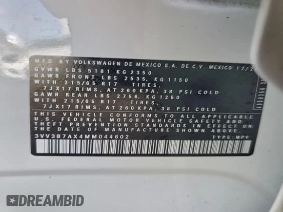 ✅ 2021 Volkswagen Tiguan SE • VIN: 3VV3B7AX4MM044602 • Lot: 95338875. Wystawiony na Copart z przebiegiem 66 110 mil. Bezpłatny archiwum sprzedaży aukcyjnych z USA i szczegółowy raport historii pojazdu na DreamBid. Zdjęcie 13.