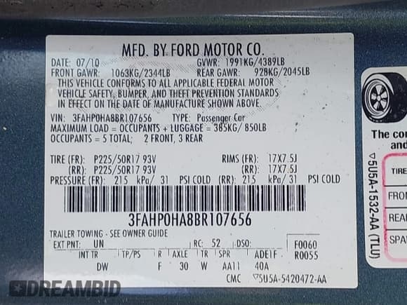 ✅ 2011 Ford Fusion SE • VIN: 3FAHP0HA8BR107656 • Lot: 43745207. Listed on IAAI with 152,330 mi. Free auction sales archive from the USA and detailed vehicle history report at DreamBid. Image 9.