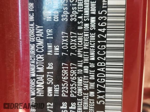 ✅ 2012 Hyundai Santa Fe GLS • VIN: 5XYZGDAB2CG124635 • Lot: 62453324. Listed on Copart with 134,219 mi. Free auction sales archive from the USA and detailed vehicle history report at DreamBid. Image 15.