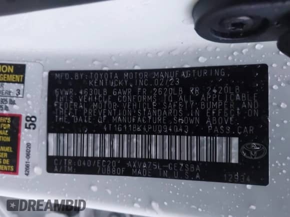 2023 Toyota Camry SE with VIN 4T1G11BK4PU094043, listed as a IAAI auction lot 41083305 with 25,698 mi miles and . Bid and sale history available at DreamBid. Image 9.