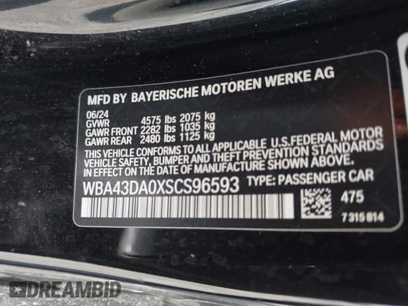 ✅ 2025 BMW 4 Series 430i • VIN: WBA43DA0XSCS96593 • Lot: 42570073. Listed on IAAI with 23,469 mi. Free auction sales archive from the USA and detailed vehicle history report at DreamBid. Image 9.