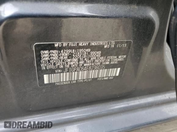 ✅ 2014 Subaru Impreza Premium • VIN: JF1GPAC64E8236035 • Lot: 82143615. Listed on Copart with 154,581 mi. Free auction sales archive from the USA and detailed vehicle history report at DreamBid. Image 13.