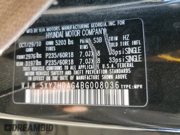 ✅ 2011 Hyundai Santa Fe SE • VIN: 5XYZHDAG4BG008036 • Lot: 76669924. Listed on Copart with 217,570 mi. Free auction sales archive from the USA and detailed vehicle history report at DreamBid. Image 13.