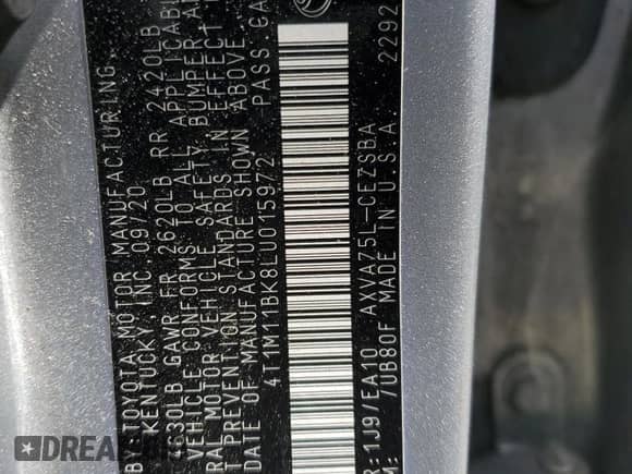 2020 Toyota Camry SE with VIN 4T1M11BK8LU015972, listed as a Copart auction lot 70705875 with 80,673 mi miles and Clean title. Bid and sale history available at DreamBid. Image 12.