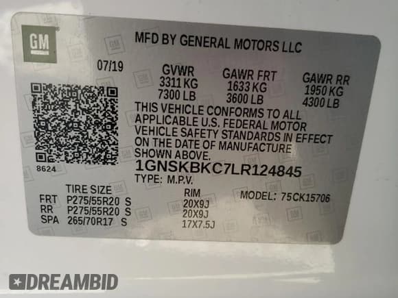 ✅ 2020 Chevrolet Tahoe LT • VIN: 1GNSKBKC7LR124845 • Lot: 53354715. Listed on Copart with Not provided. Free auction sales archive from the USA and detailed vehicle history report at DreamBid. Image 14.