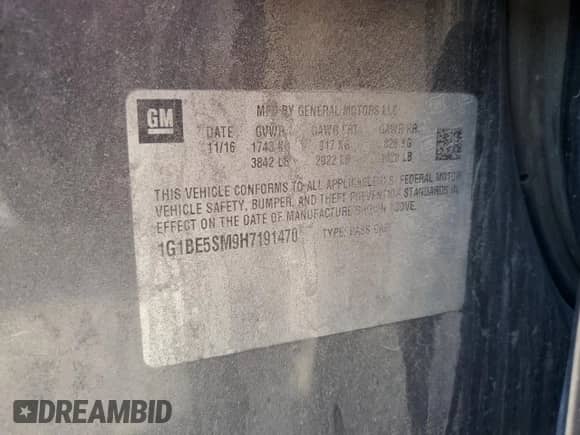 ✅ 2017 Chevrolet Cruze LT • VIN: 1G1BE5SM9H7191470 • Lot: 91081065. Listed on Copart with 130,426 mi. Free auction sales archive from the USA and detailed vehicle history report at DreamBid. Image 12.