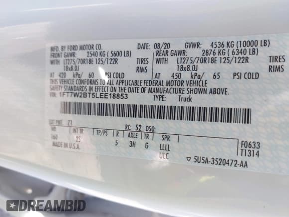 ✅ 2020 Ford F-250 XL • VIN: 1FT7W2BT5LEE18853 • Lot: 42293237. Wystawiony na IAAI z przebiegiem 198 919 mil. Bezpłatny archiwum sprzedaży aukcyjnych z USA i szczegółowy raport historii pojazdu na DreamBid. Zdjęcie 9.