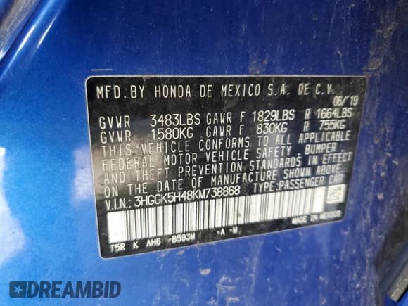 ✅ 2019 Honda Fit LX • VIN: 3HGGK5H48KM738868 • Lot: 87007185. Listed on Copart with 45,579 mi. Free auction sales archive from the USA and detailed vehicle history report at DreamBid. Image 12.