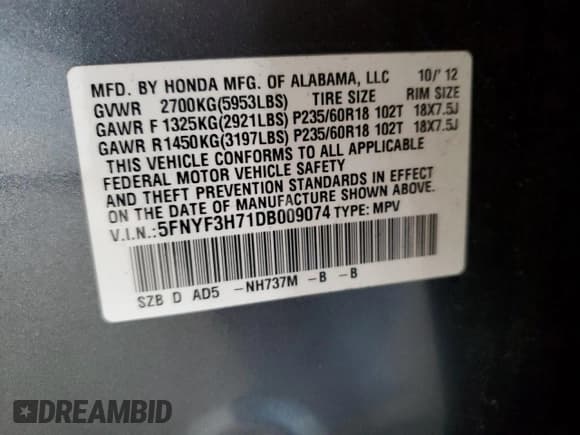 ✅ 2013 Honda Pilot EX-L • VIN: 5FNYF3H71DB009074 • Lot: 82677755. Listed on Copart with 162,886 mi. Free auction sales archive from the USA and detailed vehicle history report at DreamBid. Image 13.