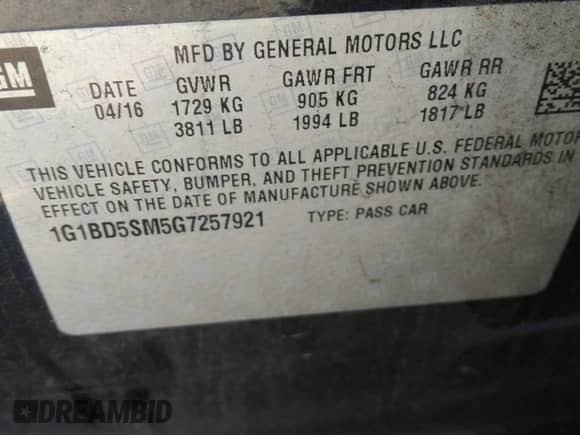 2016 Chevrolet Cruze LT с VIN 1G1BD5SM5G7257921, выставлен на аукционе IAAI как лот 36405135 с пробегом 69 913 миль миль и . История ставок и продаж доступна на DreamBid. Изображение 9.