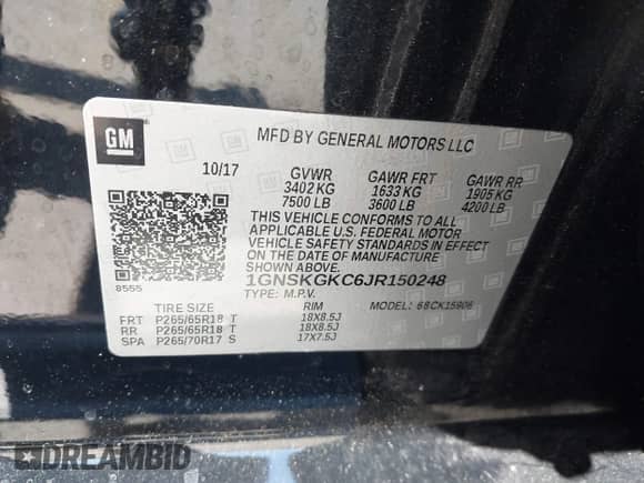 2018 Chevrolet Suburban LS z VIN 1GNSKGKC6JR150248, wystawiony jako IAAI lot #42219120 z przebiegiem 48 321 mil mil oraz . Historia ofert i sprzedaży dostępna na DreamBid. Obrazek 9.