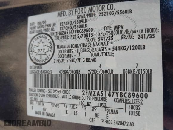 ✅ 2000 Ford Windstar LX • VIN: 2FMZA5147YBC89600 • Lot: 43557886. Listed on IAAI with 72,391 mi. Free auction sales archive from the USA and detailed vehicle history report at DreamBid. Image 9.