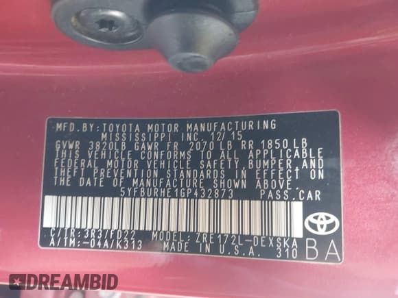 ✅ 2016 Toyota Corolla S Plus • VIN: 5YFBURHE1GP432873 • Лот: 43716083. Опубликован ранее на IAAI с пробегом 157 640 миль. Бесплатный доступ к архиву аукционных продаж из США и подробный отчёт об истории автомобиля на DreamBid. Изображение 9.