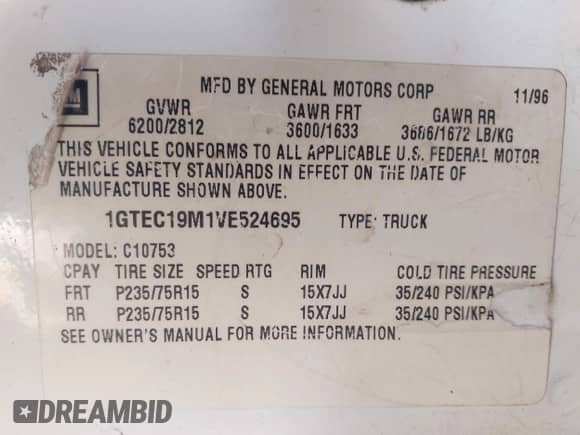 ✅ 1997 GMC Sierra 1500 • VIN: 1GTEC19M1VE524695 • Лот: 43552092. Размещён на IAAI с пробегом 215 857 миль миль. Получите бесплатный доступ к архиву аукционных продаж из США и посмотрите подробный отчёт об истории автомобиля на DreamBid. Изображение 9.