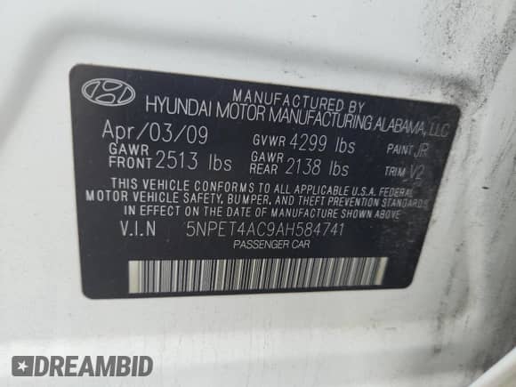 2010 Hyundai Sonata GLS with VIN 5NPET4AC9AH584741, listed as a Copart auction lot 66066405 with 210,514 mi miles and Salvage title. Bid and sale history available at DreamBid. Image 12.