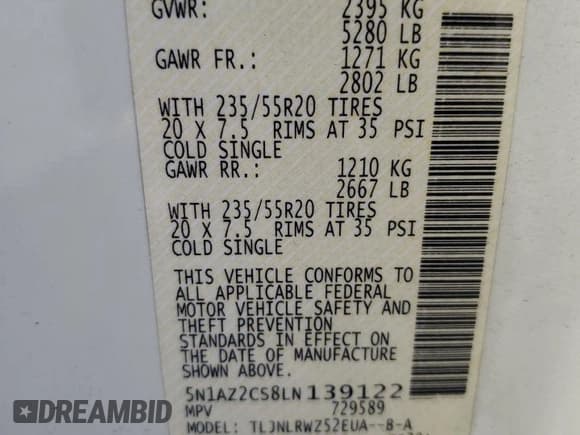 ✅ 2020 Nissan Murano SL • VIN: 5N1AZ2CS8LN139122 • Lot: 80442855. Listed on Copart with 64,614 mi. Free auction sales archive from the USA and detailed vehicle history report at DreamBid. Image 13.