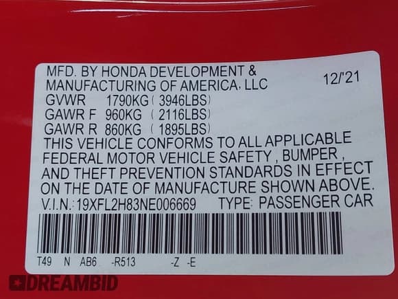 ✅ 2022 Honda Civic Sport • VIN: 19XFL2H83NE006669 • Lot: 43621440. Listed on IAAI with 53,736 mi. Free auction sales archive from the USA and detailed vehicle history report at DreamBid. Image 9.