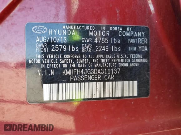 ✅ 2013 Hyundai Azera • VIN: KMHFH4JG3DA316137 • Lot: 92479085. Listed on Copart with 149,108 mi. Free auction sales archive from the USA and detailed vehicle history report at DreamBid. Image 12.