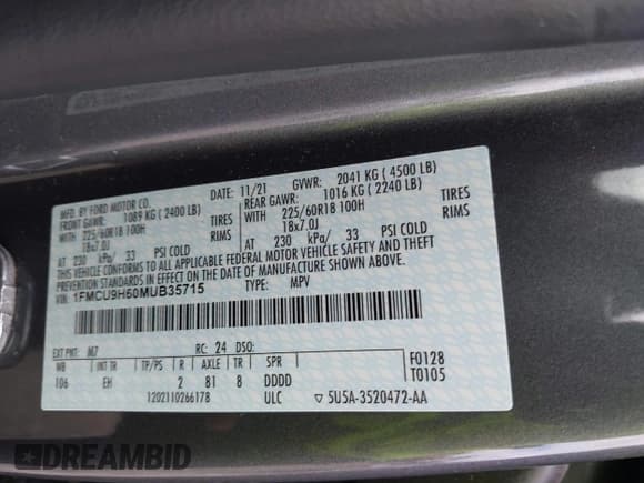 ✅ 2021 Ford Escape SEL • VIN: 1FMCU9H60MUB35715 • Lot: 43572221. Listed on IAAI with Not provided. Free auction sales archive from the USA and detailed vehicle history report at DreamBid. Image 9.