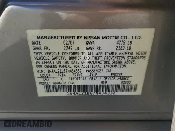 ✅ 2007 Nissan Altima S • VIN: 1N4AL21E67N434332 • Лот: 86875455. Опубликован ранее на Copart с пробегом 242 382 миль. Бесплатный доступ к архиву аукционных продаж из США и подробный отчёт об истории автомобиля на DreamBid. Изображение 12.