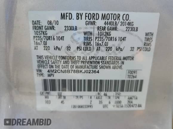 2011 Mercury Mariner with VIN 4M2CN8B78BKJ02364, listed as a Copart auction lot 80027665 with 141,319 mi miles and Salvage title. Bid and sale history available at DreamBid. Image 14.