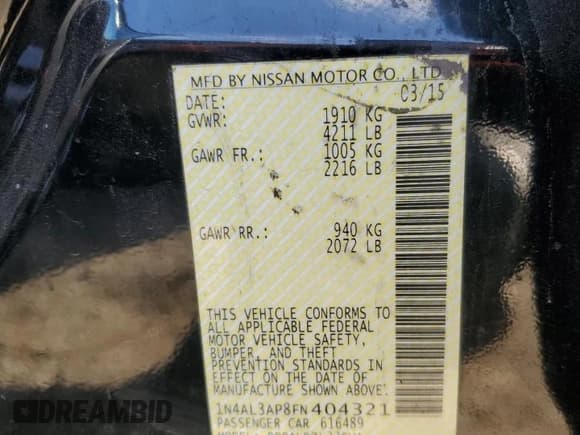 ✅ 2015 Nissan Altima SL • VIN: 1N4AL3AP8FN404321 • Lot: 93774795. Listed on Copart with 173,499 mi. Free auction sales archive from the USA and detailed vehicle history report at DreamBid. Image 13.