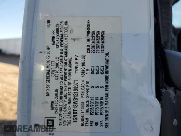 ✅ 2001 Chevrolet Blazer LS • VIN: 1GNDT13W312190971 • Lot: 92645445. Listed on Copart with 154,083 mi. Free auction sales archive from the USA and detailed vehicle history report at DreamBid. Image 13.