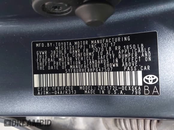 ✅ 2017 Toyota Corolla LE • VIN: 5YFBURHE8HP647507 • Лот: 43405913. Опубликован ранее на IAAI с пробегом 92 411 миль. Бесплатный доступ к архиву аукционных продаж из США и подробный отчёт об истории автомобиля на DreamBid. Изображение 9.