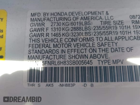 ✅ 2025 Honda Odyssey Touring • VIN: 5FNRL6H83SB005645 • Lot: 43507137. Listed on IAAI with 6,051 mi. Free auction sales archive from the USA and detailed vehicle history report at DreamBid. Image 9.