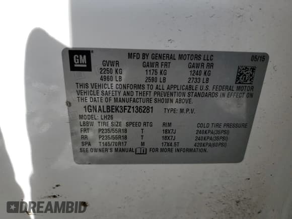 ✅ 2015 Chevrolet Equinox LT • VIN: 1GNALBEK3FZ136281 • Лот: 60843344. Опубликован ранее на Copart с пробегом 161 567 миль. Бесплатный доступ к архиву аукционных продаж из США и подробный отчёт об истории автомобиля на DreamBid. Изображение 13.