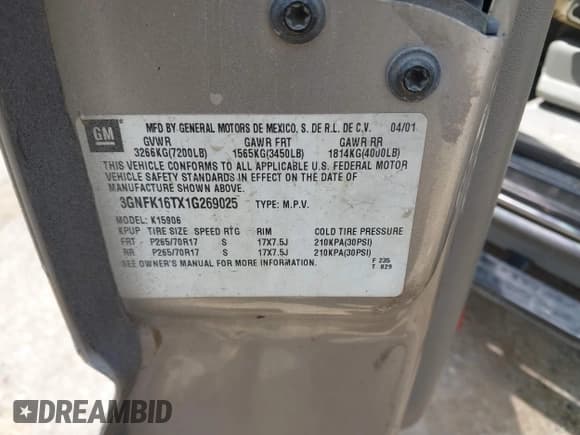 ✅ 2001 Chevrolet Suburban LS • VIN: 3GNFK16TX1G269025 • Лот: 42895358. Опубликован ранее на IAAI с пробегом Не указан. Бесплатный доступ к архиву аукционных продаж из США и подробный отчёт об истории автомобиля на DreamBid. Изображение 9.