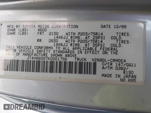 ✅ 1989 Toyota Pickup • VIN: JT4VN93D7K0001756 • Лот: 41468936. Опубликован ранее на IAAI с пробегом 187 284 миль. Бесплатный доступ к архиву аукционных продаж из США и подробный отчёт об истории автомобиля на DreamBid. Изображение 9.