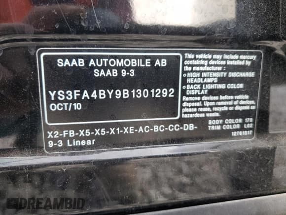 ✅ 2011 Saab 9-3 • VIN: YS3FA4BY9B1301292 • Lot: 78196854. Wystawiony na Copart z przebiegiem Nie podano. Bezpłatny archiwum sprzedaży aukcyjnych z USA i szczegółowy raport historii pojazdu na DreamBid. Zdjęcie 12.