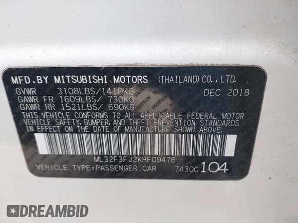 ✅ 2019 Mitsubishi Mirage ES • VIN: ML32F3FJ2KHF09476 • Lot: 42193156. Listed on IAAI with 140,534 mi. Free auction sales archive from the USA and detailed vehicle history report at DreamBid. Image 9.