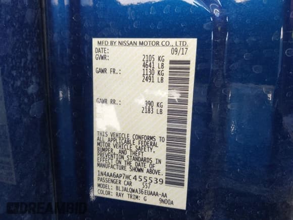 ✅ 2017 Nissan Maxima S • VIN: 1N4AA6AP7HC455539 • Lot: 41826671. Listed on IAAI with 30,890 mi. Free auction sales archive from the USA and detailed vehicle history report at DreamBid. Image 9.