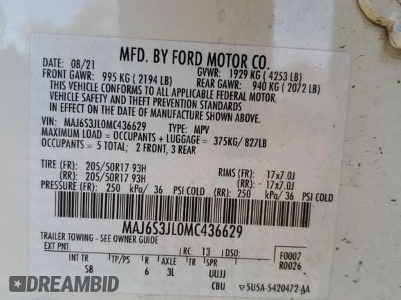 ✅ 2021 Ford EcoSport SES • VIN: MAJ6S3JL0MC436629 • Lot: 84420865. Listed on Copart with 52,373 mi. Free auction sales archive from the USA and detailed vehicle history report at DreamBid. Image 13.