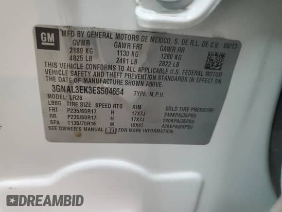 2014 Chevrolet Captiva Sport LT с VIN 3GNAL3EK3ES504654, выставлен на аукционе Copart как лот 76319864 с пробегом 76 433 миль миль и Списание • Salvage title. История ставок и продаж доступна на DreamBid. Изображение 13.