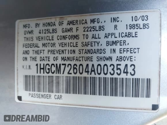 ✅ 2004 Honda Accord EX • VIN: 1HGCM72604A003543 • Lot: 42579819. Listed on IAAI with 178,738 mi. Free auction sales archive from the USA and detailed vehicle history report at DreamBid. Image 9.